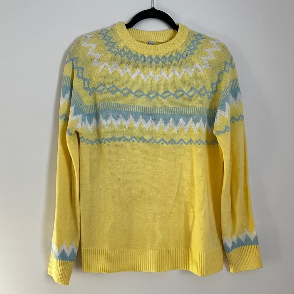 Pastel Yellow Fair Isle Nordic Sweater Men's M Blue Crewneck Grandpa Knit